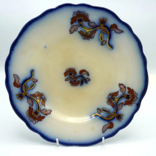 Flow Blue Plate with Iron Red and Gold Decoration