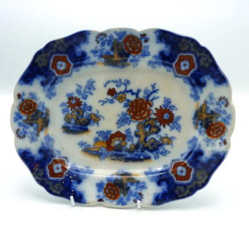 Flow Blue with Red  13 ¼ inch Floral Platter