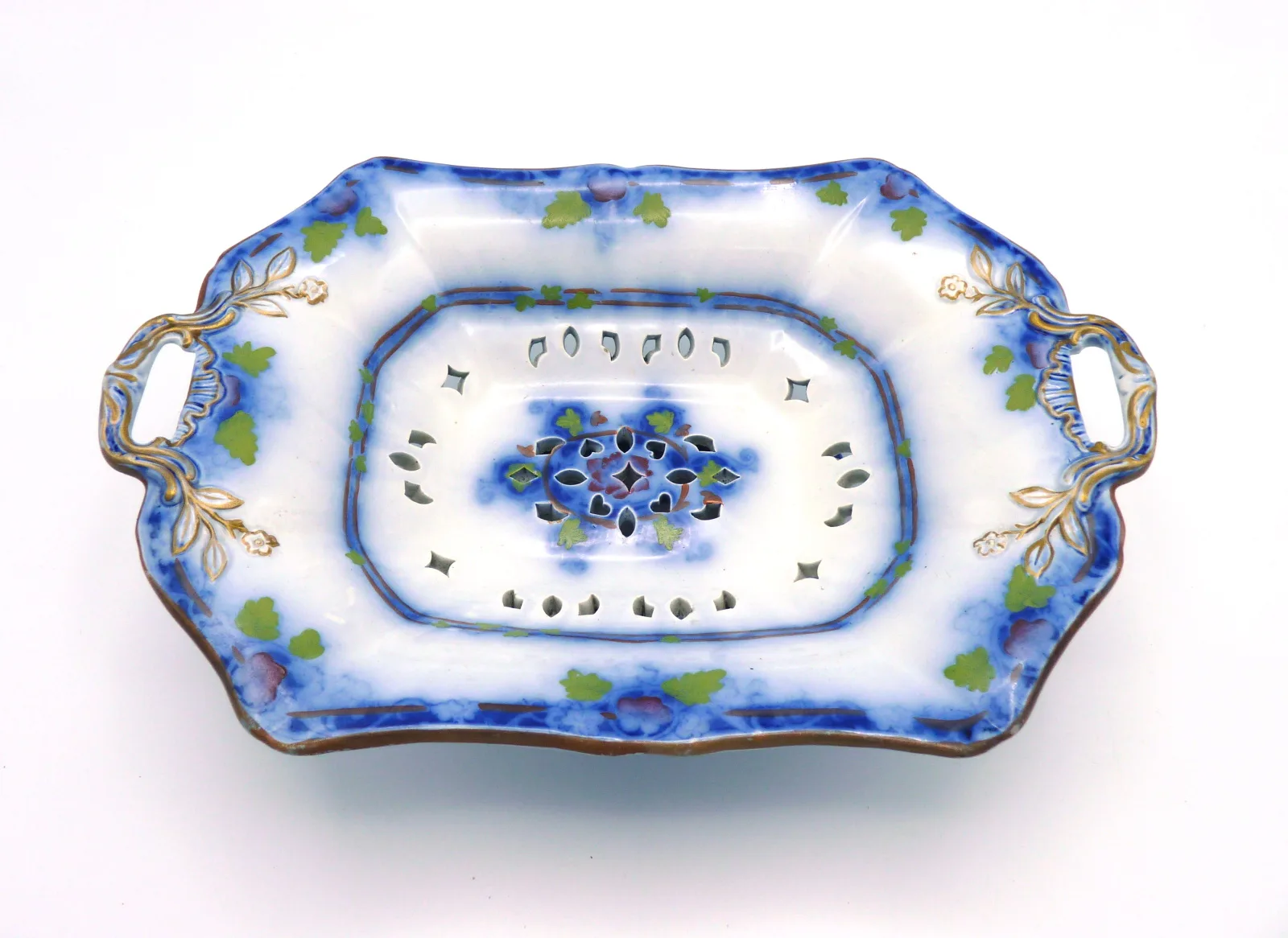 Flow Blue with Green Wedgwood Reticulated  Compote