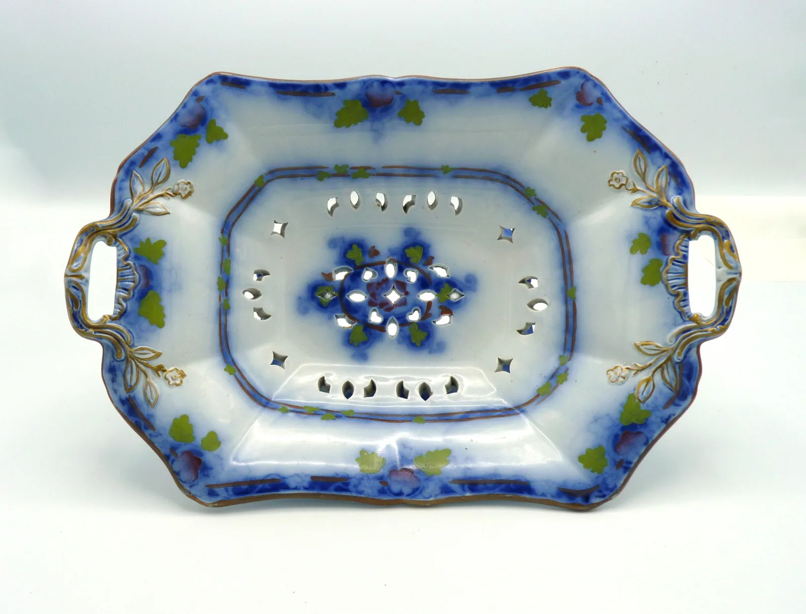 Flow Blue with Green Wedgwood Reticulated  Compote - Image 4