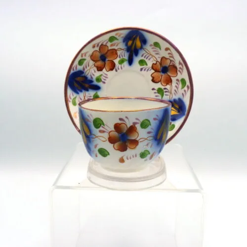 Gaudy Welsh with Flow Blue  Handless Cup & Saucer