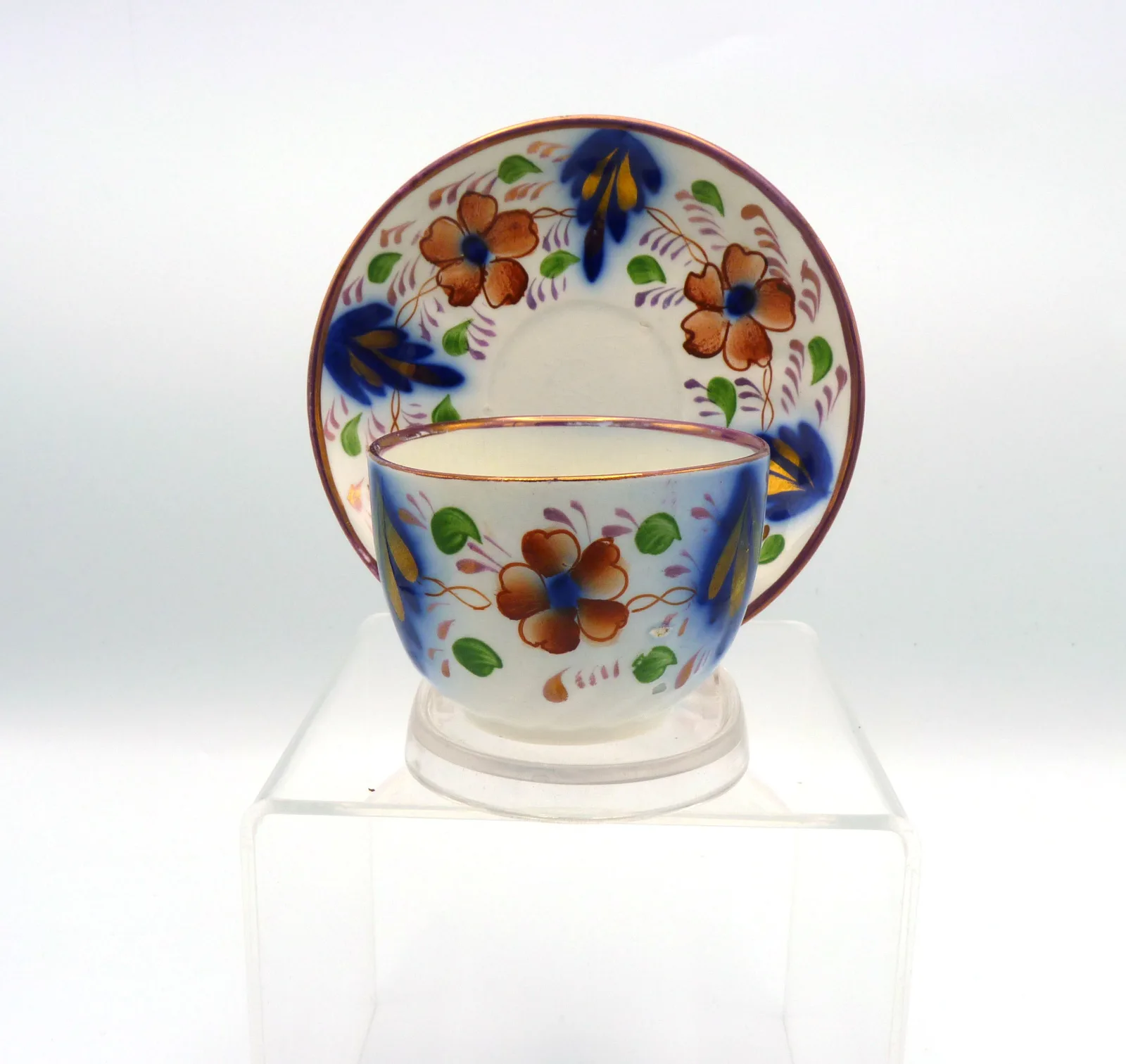 Gaudy Welsh with Flow Blue Handless Cup & Saucer