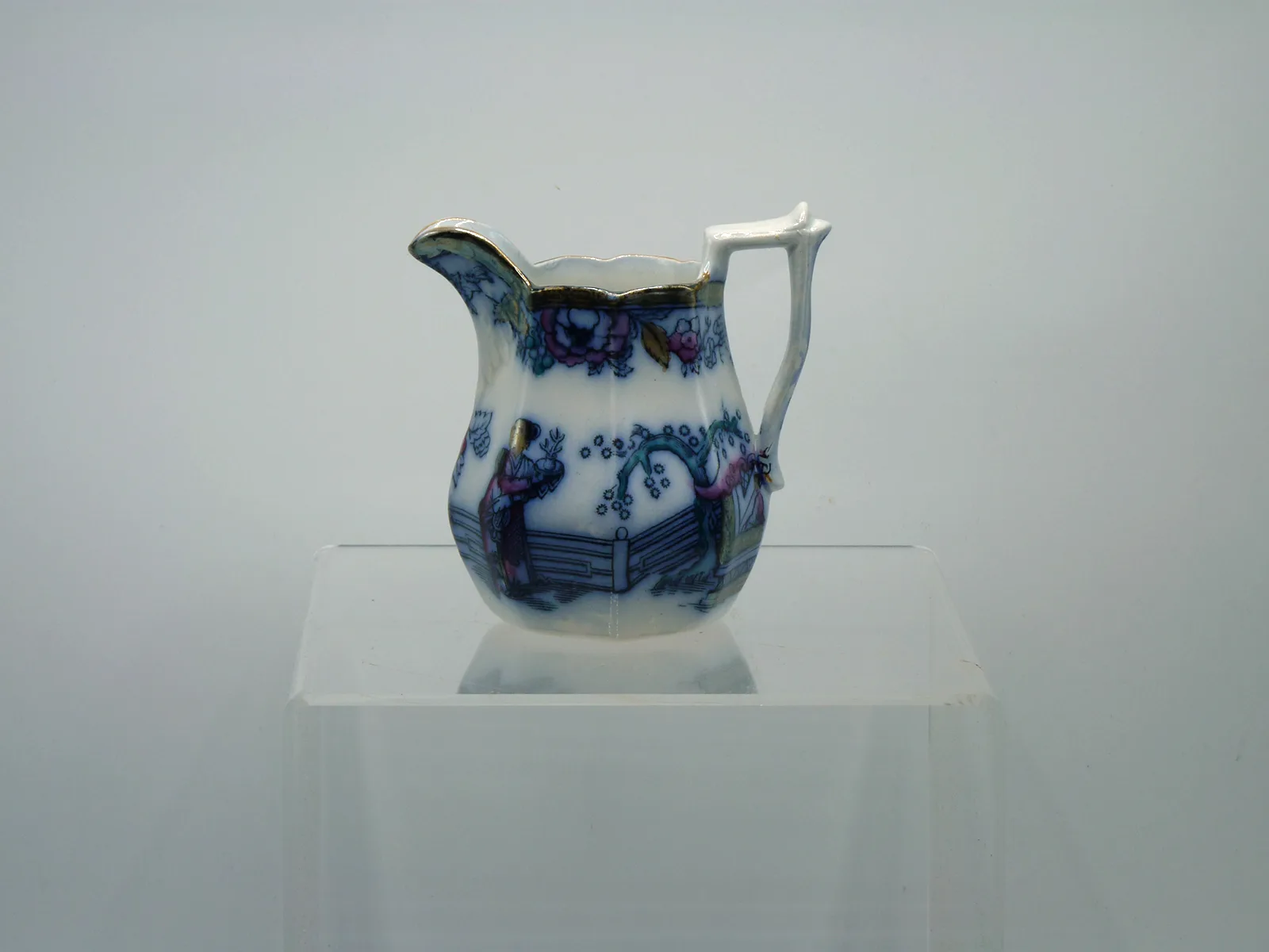 Flow Blue Polychrome Small Chinoiserie Jug