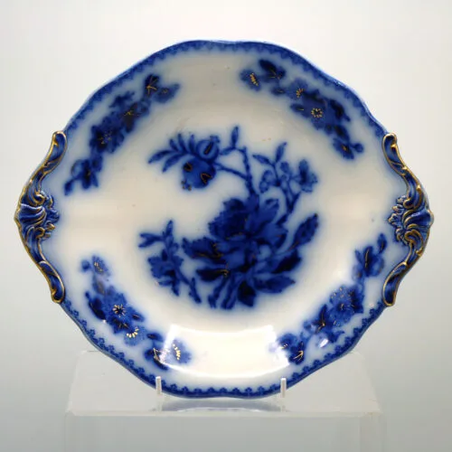 Flow Blue Tab Handled Cake Plate - Davenport