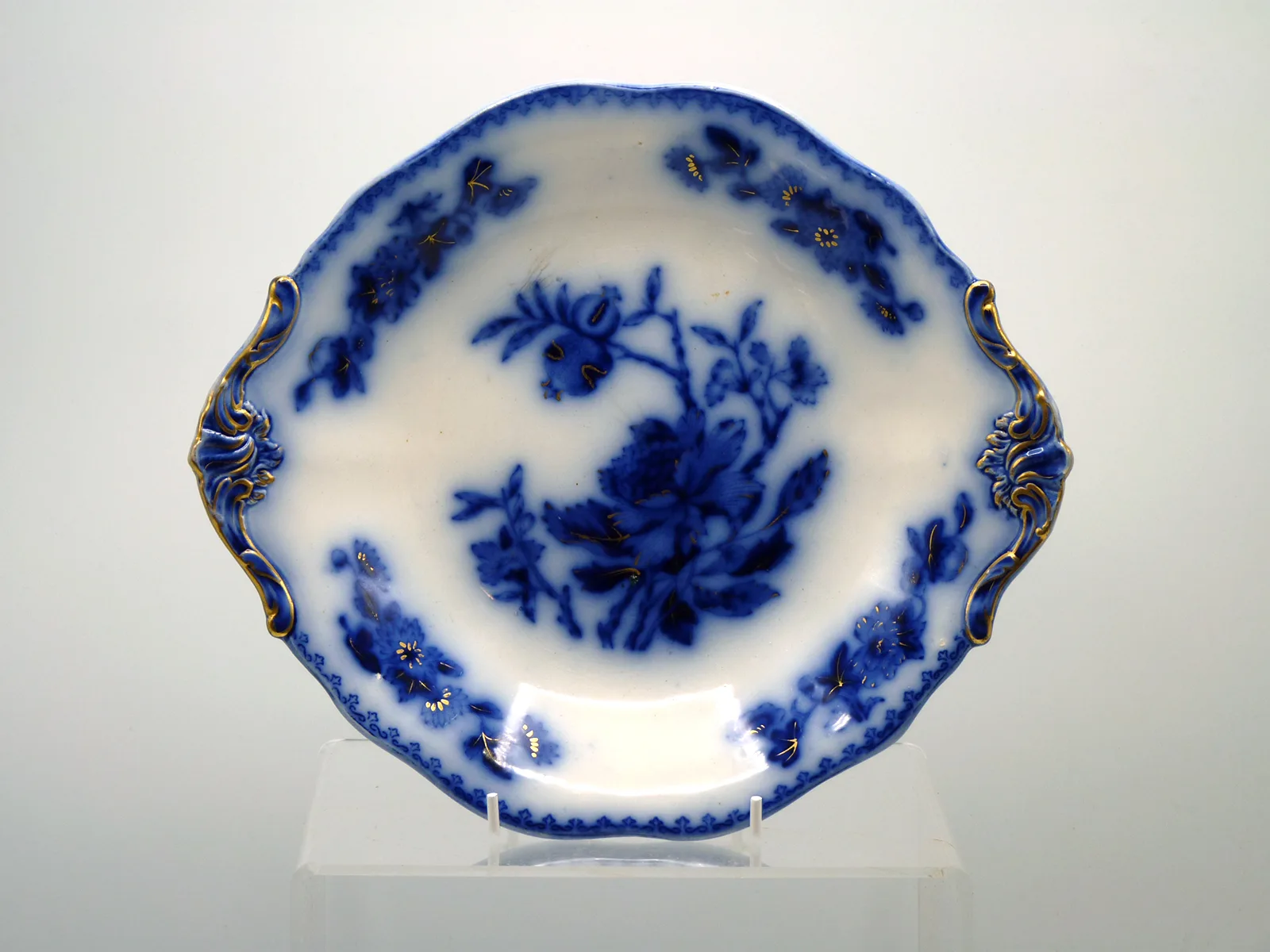Flow Blue Tab Handled Cake Plate - Davenport