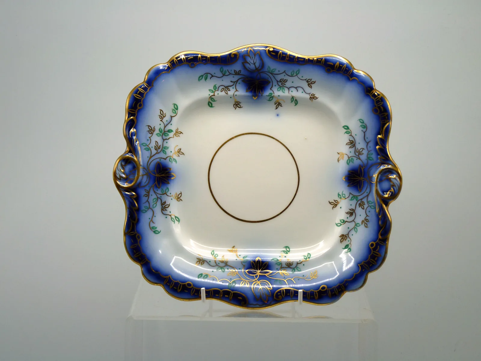 Flow Blue Tab Handled Cake Plate with Green & Gold SOLD