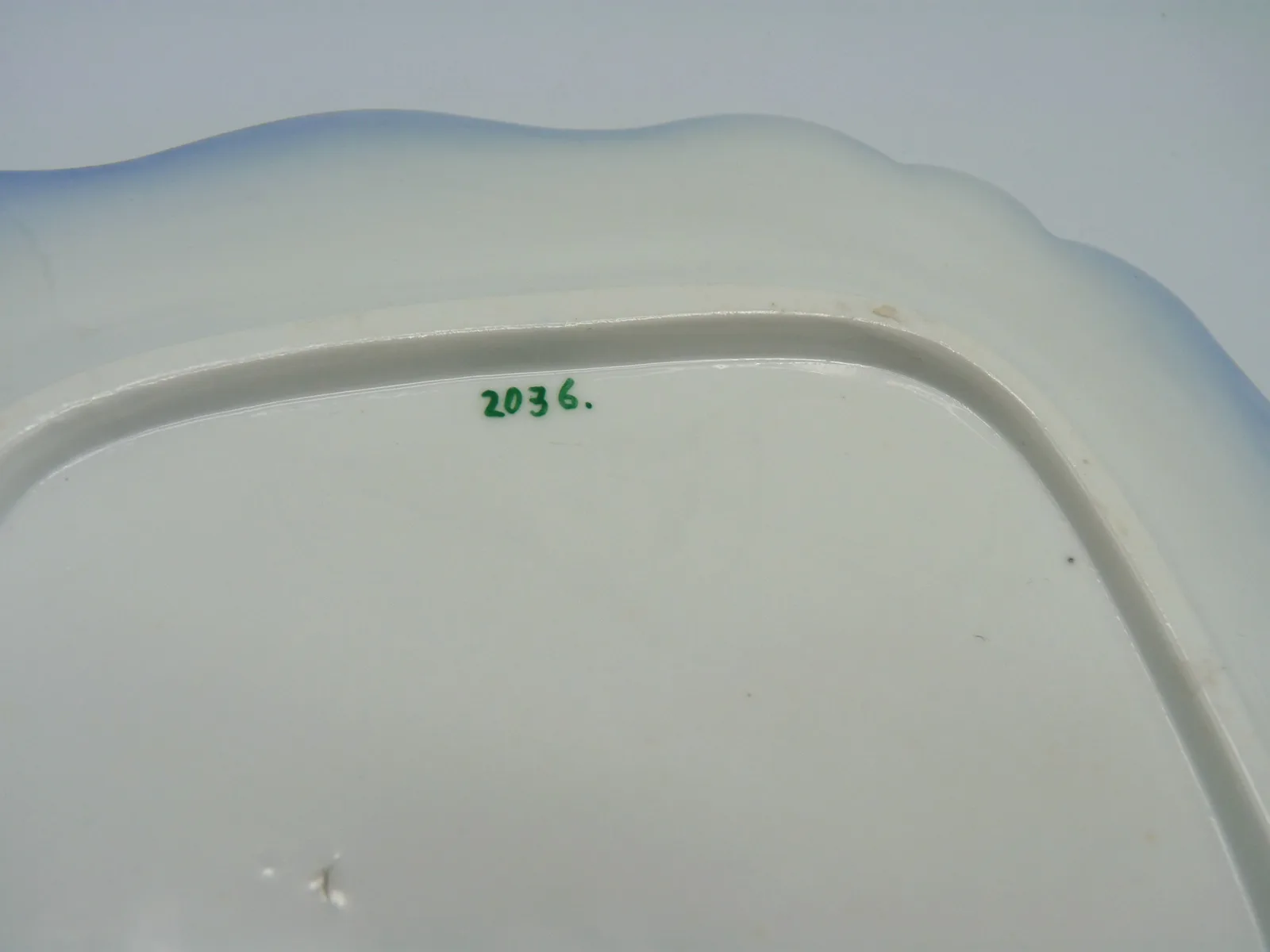 Flow Blue Tab Handled Cake Plate with Green & Gold SOLD - Image 2
