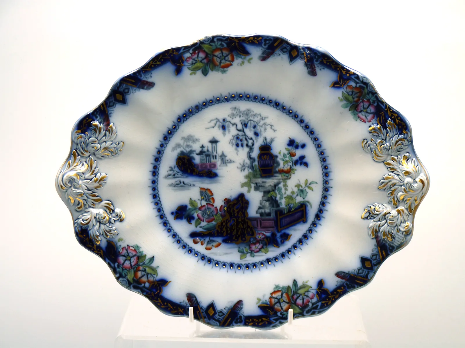 Flow Blue Polychrome Chinoserie Low Pedestal Compote