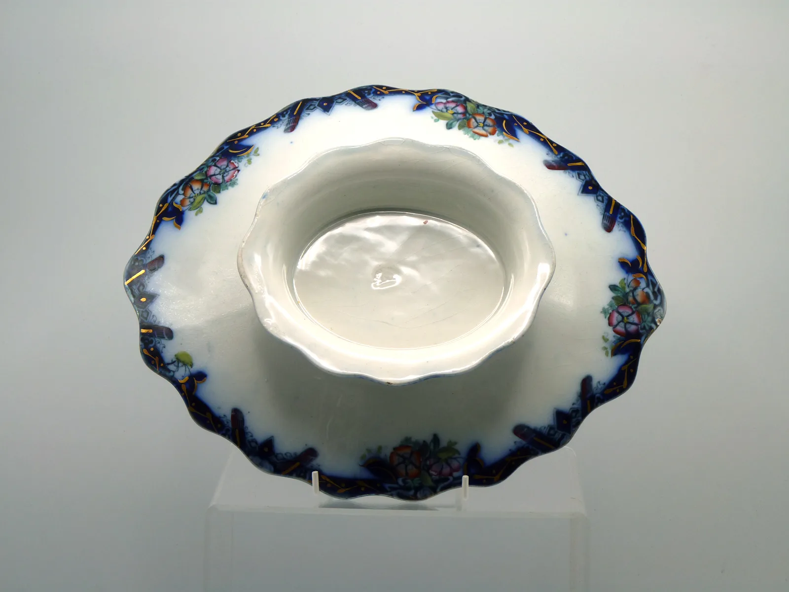 Flow Blue Polychrome Chinoserie Low Pedestal Compote - Image 2