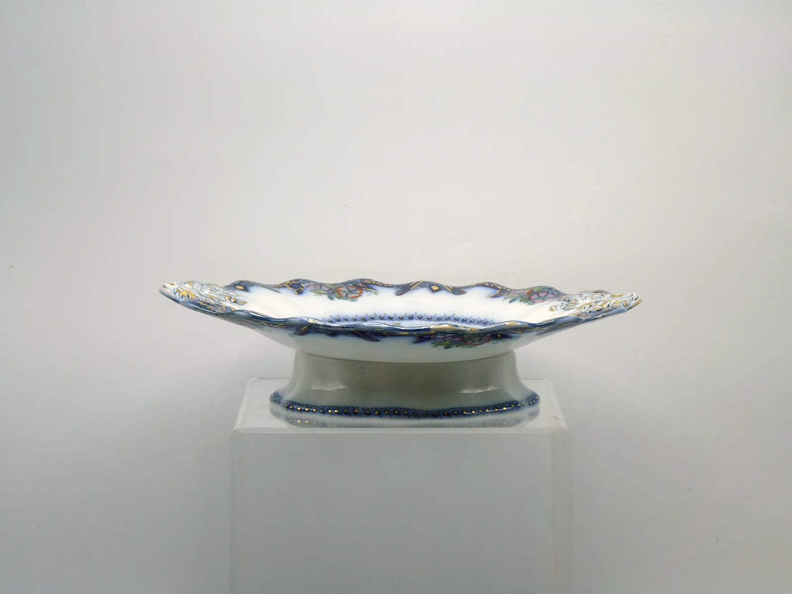 Flow Blue Polychrome Chinoserie Low Pedestal Compote - Image 3