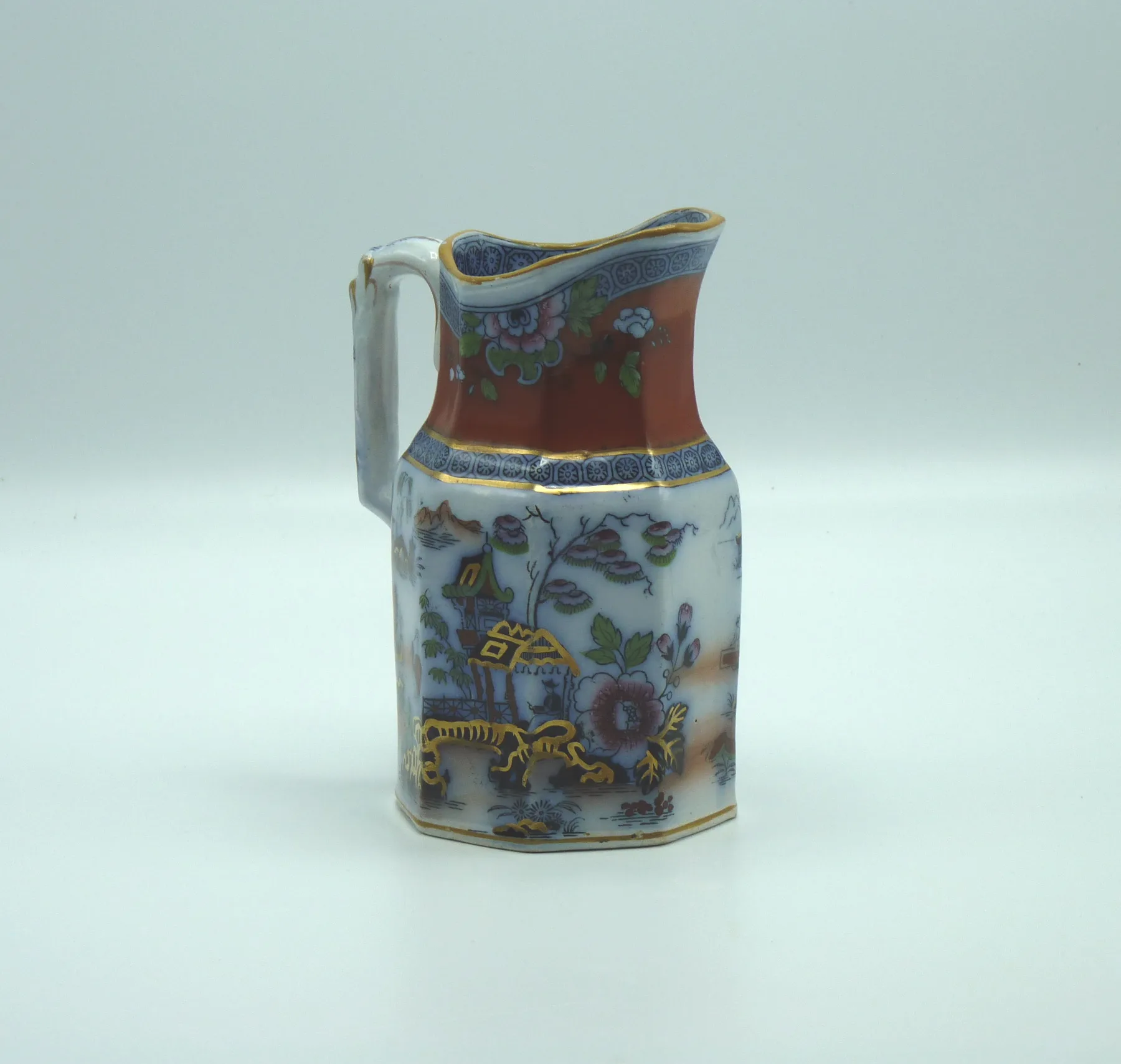 Flow Blue Polychrome with Ground Colour - Panelled Jug - Image 2