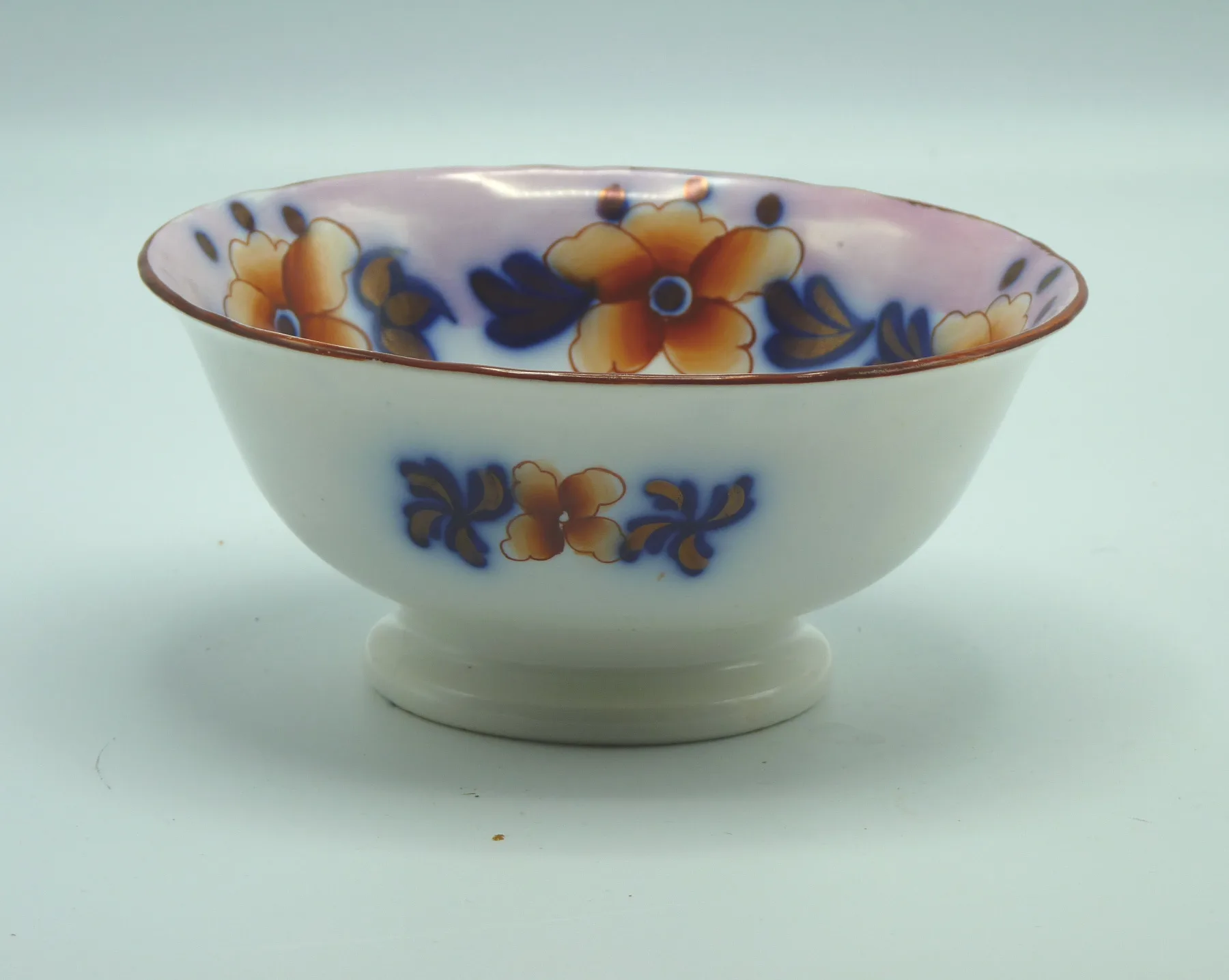 Flow Blue Pink Ground Pedestal Bowl - Fondant