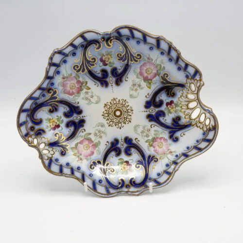 Flow Blue  Polychrome Beautiful Shaped Reticulated Plate