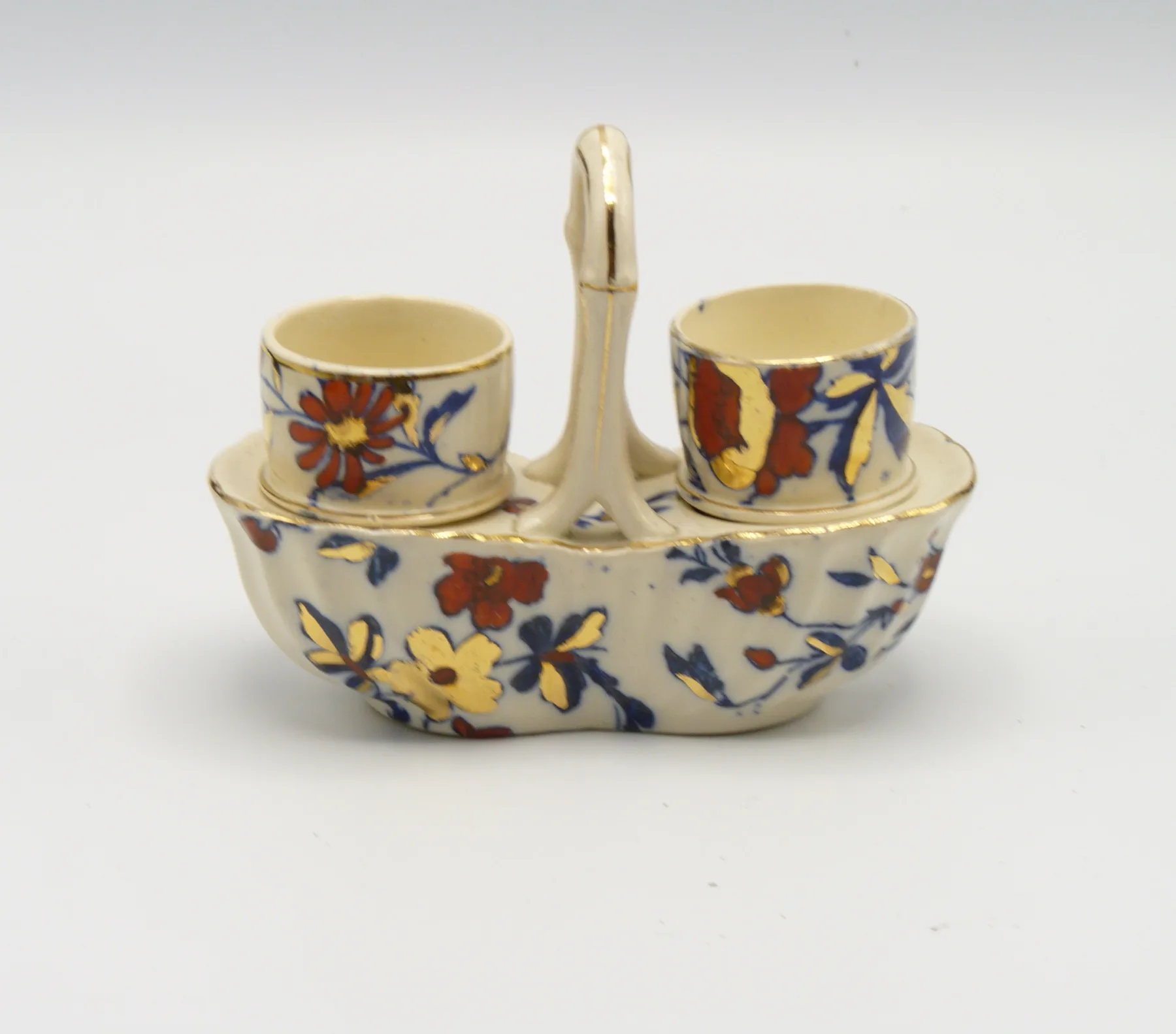 Blue, Red & Gold Egg Cups and Holder
