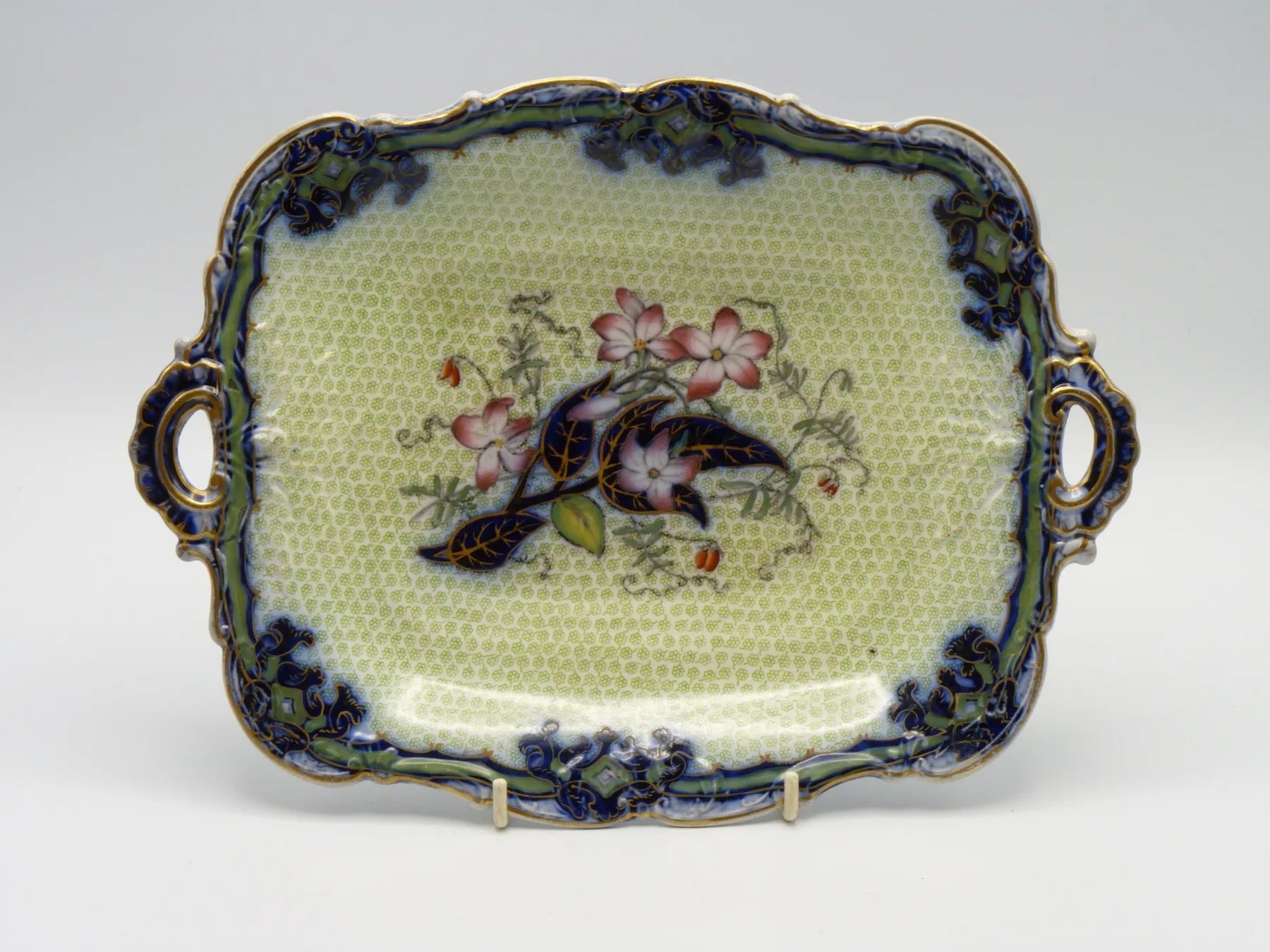 Flow Blue Green Ground Patterning - Handled Dish - Unusual