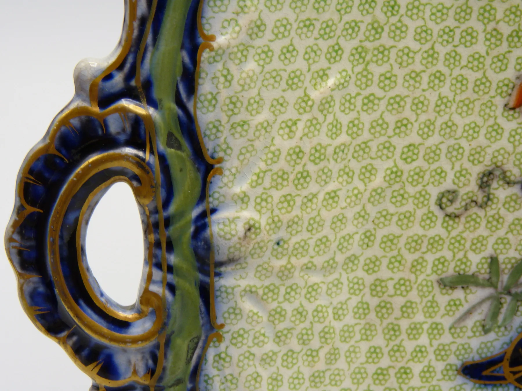 Flow Blue Green Ground Patterning - Handled Dish - Unusual - Image 5