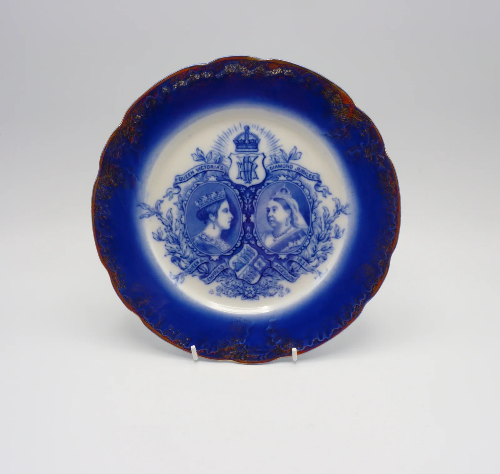 Flow Blue Commemorative Plate Queen Victoria Diamond Jubilee