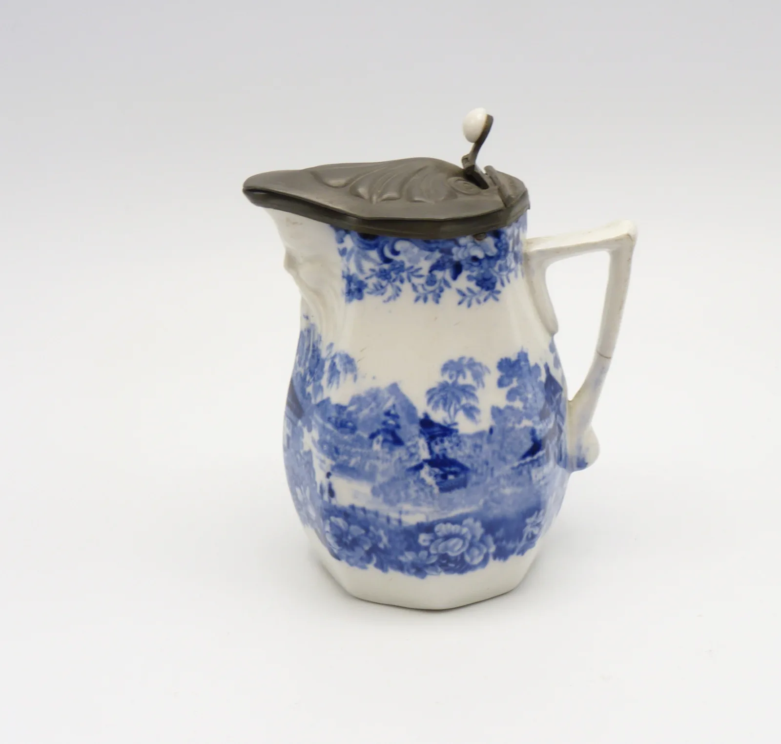 Small Face Mask Syrup Pitcher Blue & White Minton