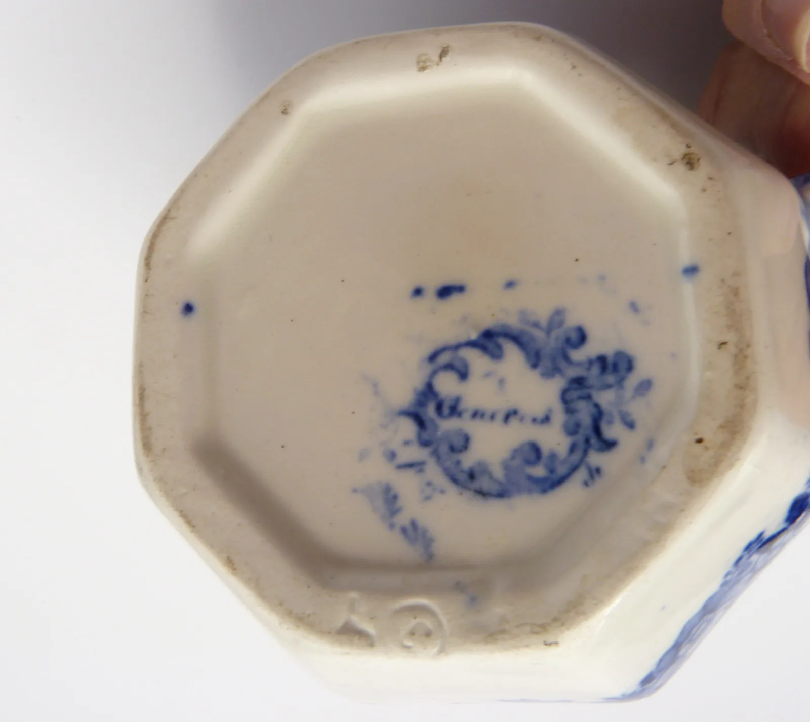 Small Face Mask Syrup Pitcher Blue & White Minton - Image 9