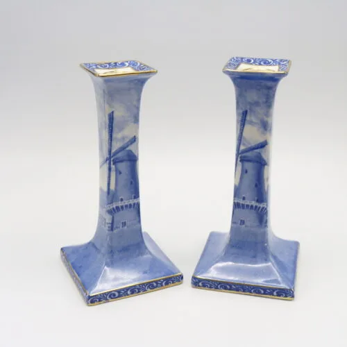 A Pair of Grimwades Candlesticks - Windmill - Delft Pattern