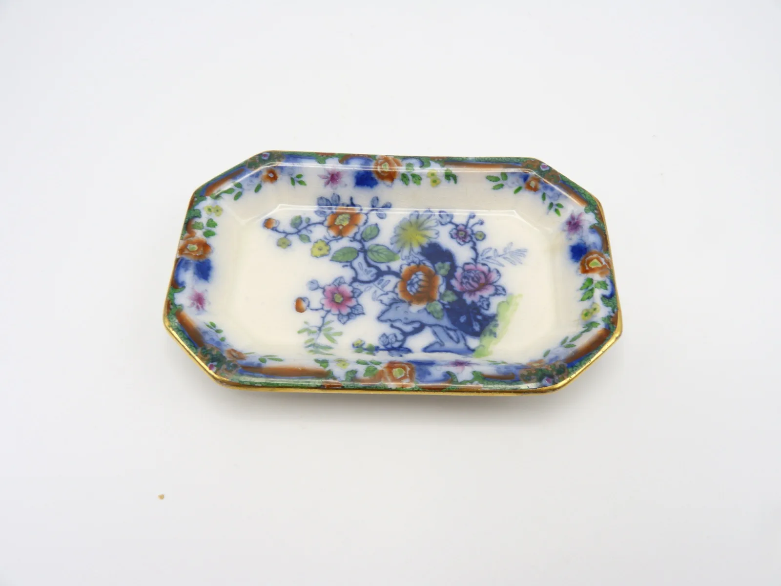 Doulton Flow Blue,Polychrome, Green Ground Trinket Tray / Ring Tray