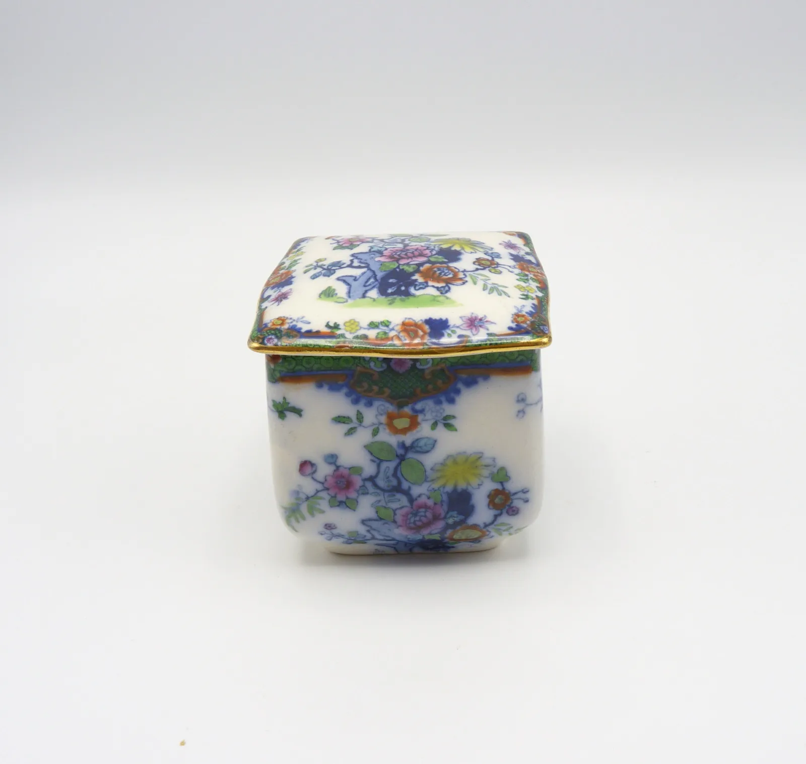 Doulton  Flow Blue,Polychrome, Green Ground  Trinket Pot