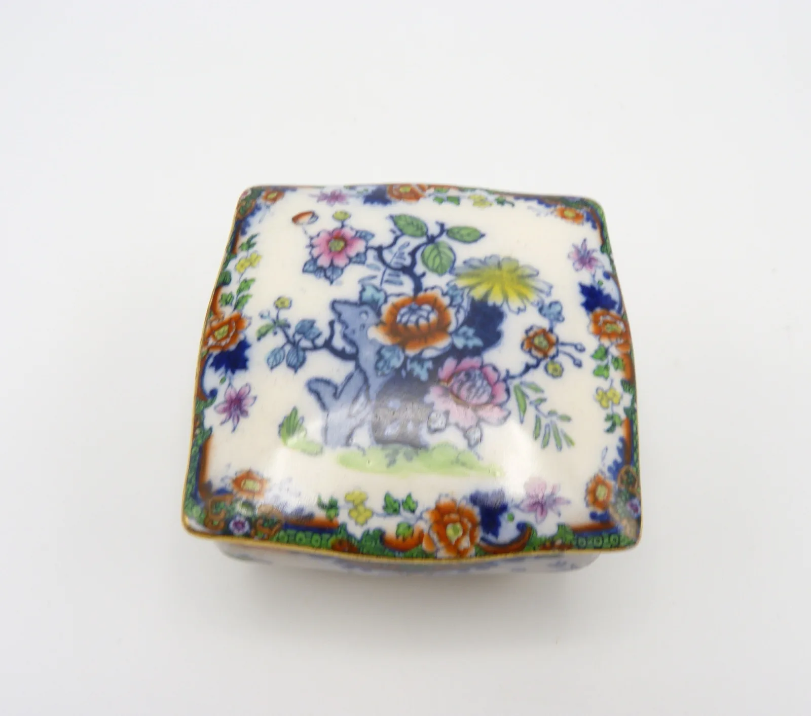 Doulton Flow Blue,Polychrome, Green Ground Trinket Pot