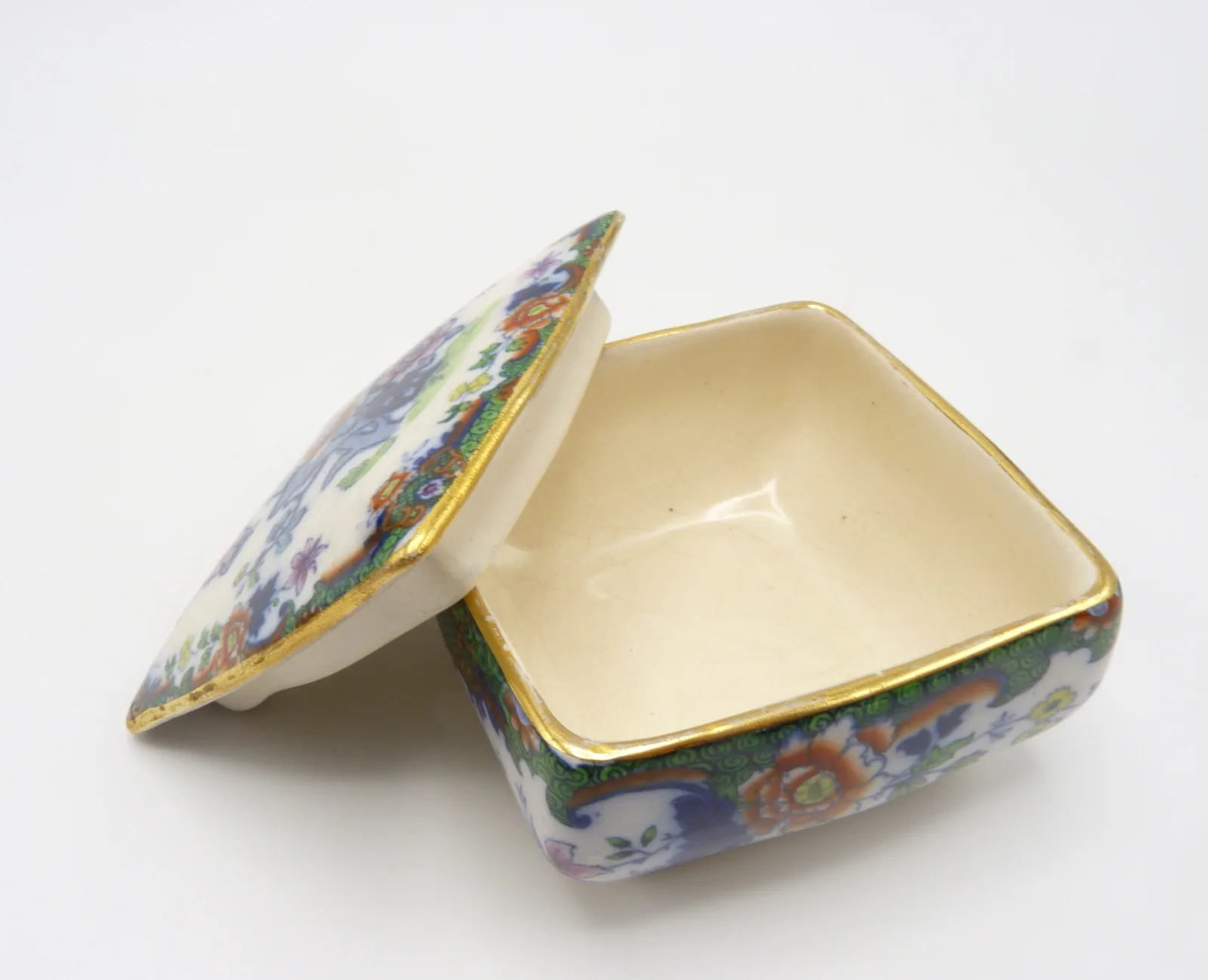 Doulton Flow Blue,Polychrome, Green Ground Trinket Pot - Image 6