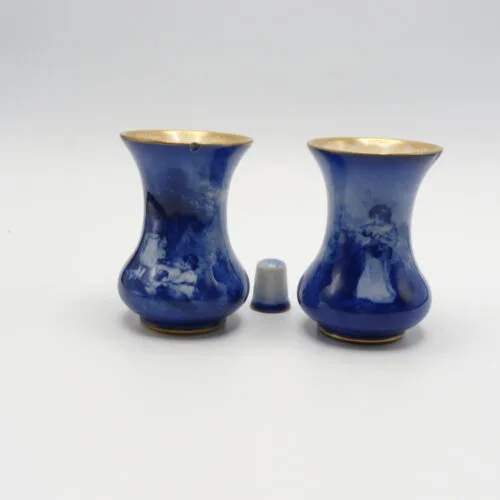 Pair of Small Doulton Blue Children Vases - Children & Dog - Girl & Basket