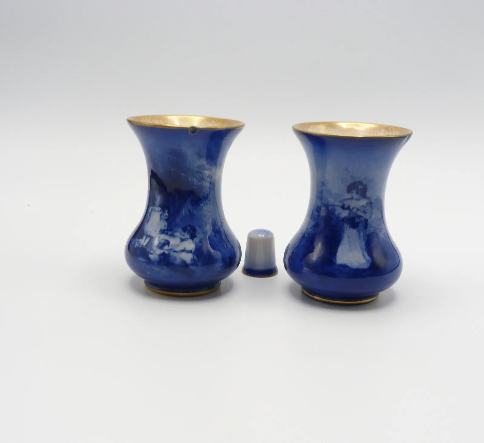 Pair of Small Doulton Blue Children Vases - Children & Dog - Girl & Basket
