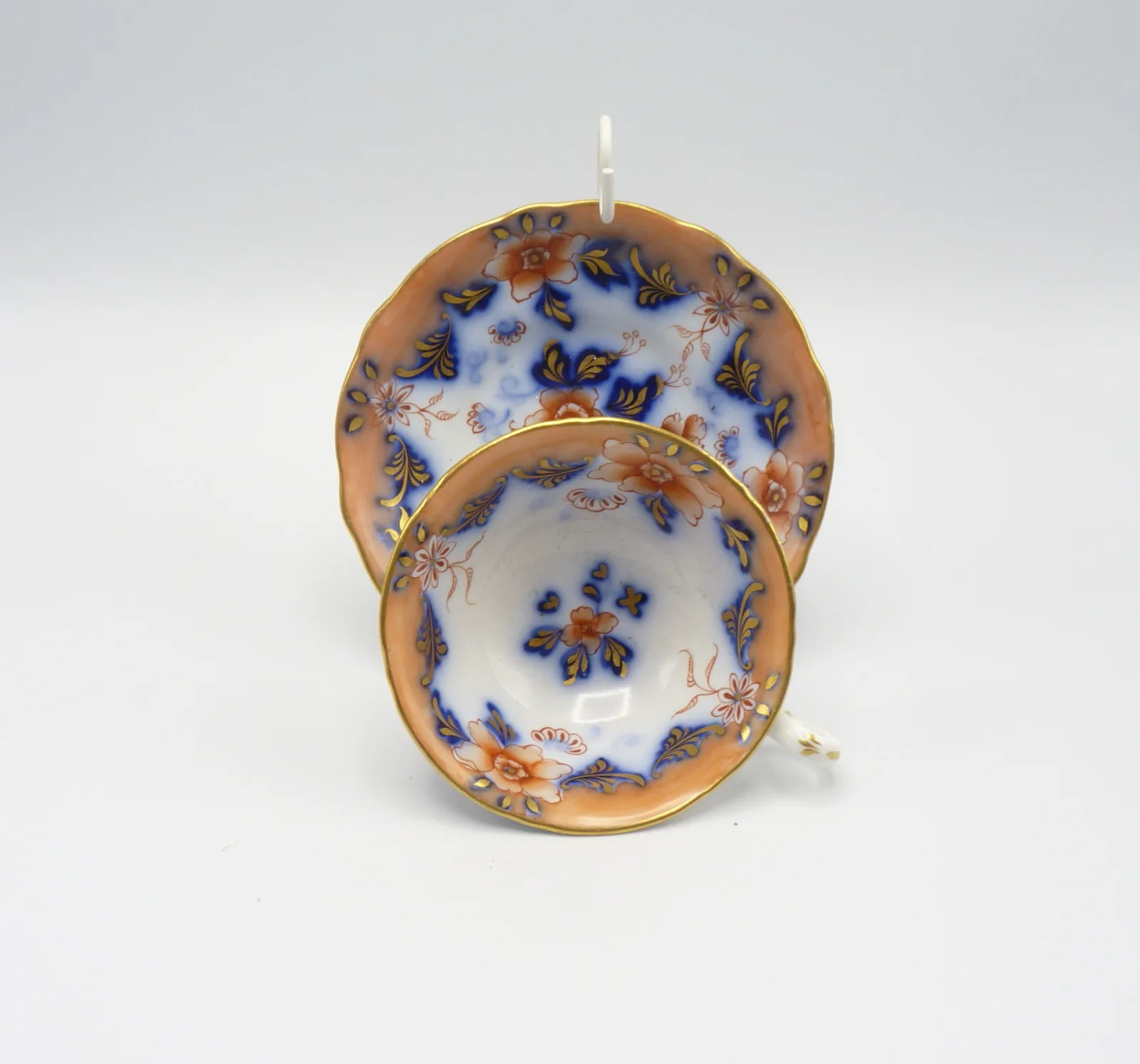 Peach Ground, Flow Blue Polychrome Cup and Saucer - Image 2