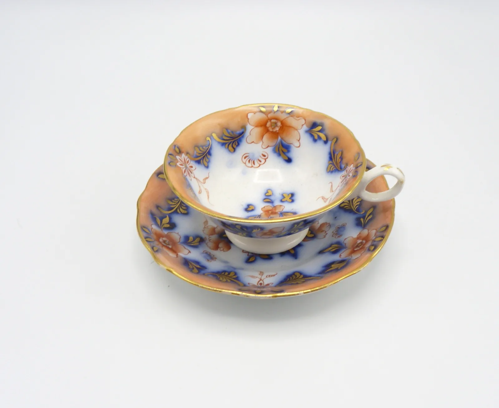 Peach Ground, Flow Blue Polychrome Cup and Saucer - Image 3
