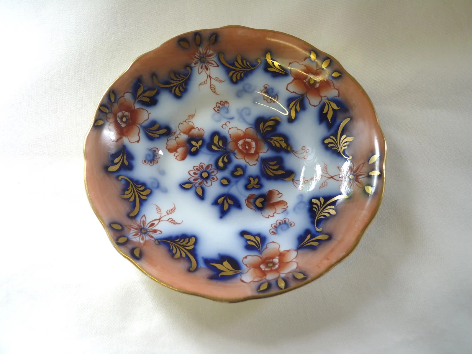 Peach Ground, Flow Blue Polychrome Cup and Saucer - Image 6