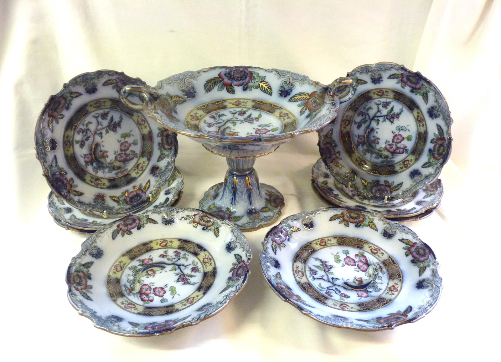 Flow Blue Polychrome Dessert Service "Ceylon" Charles Meigh