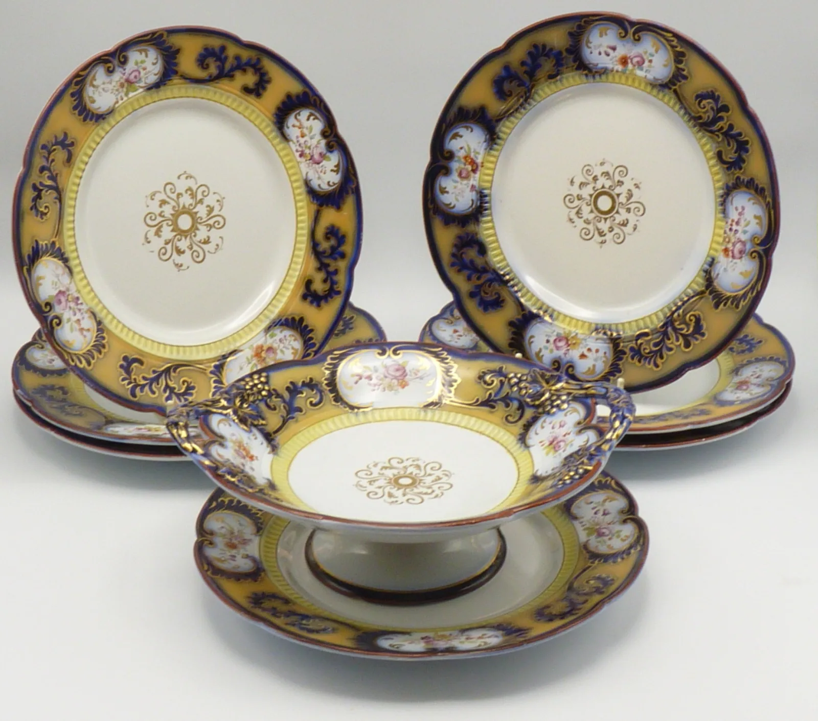 John Ridgway Flow Blue & Peach Ground Dessert Set
