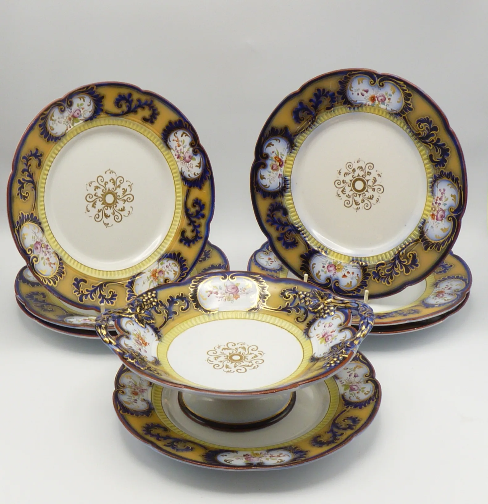 John Ridgway Flow Blue & Peach Ground Dessert Set - Image 2
