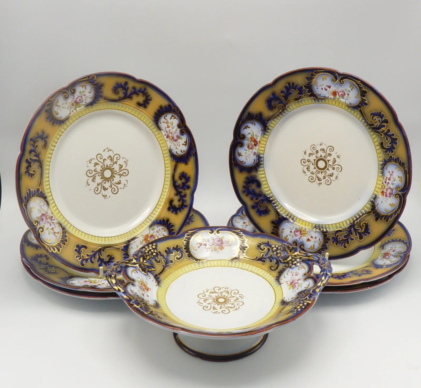 John Ridgway Flow Blue & Peach Ground Dessert Set - Image 3