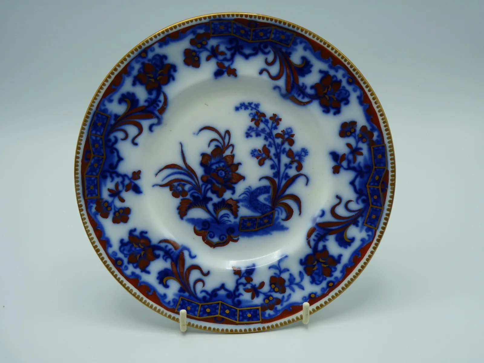 8 ¼ inch S. Alcock Flow Blue Plate with Red & Gold