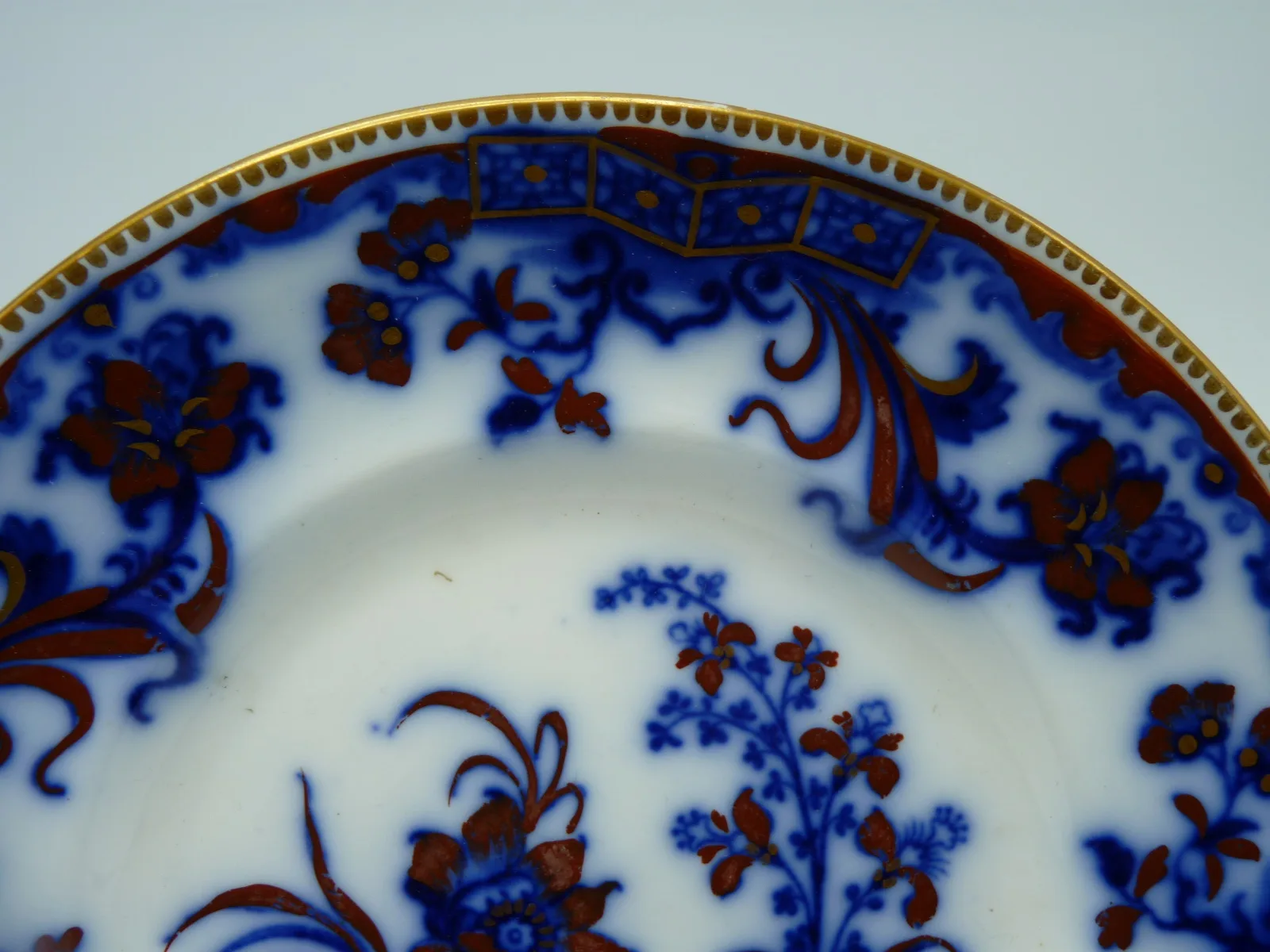 8 ¼ inch S. Alcock Flow Blue Plate with Red & Gold - Image 2