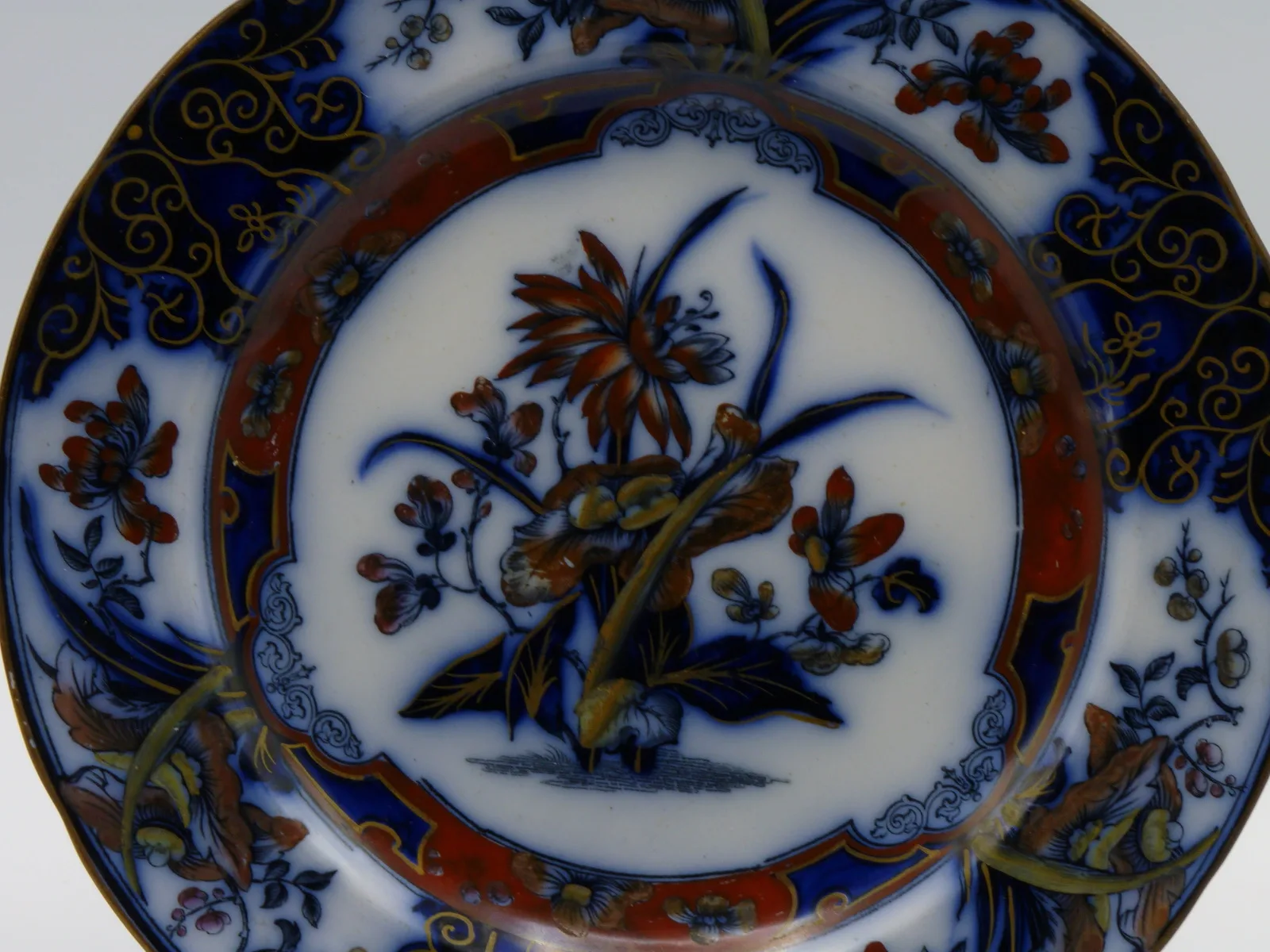 Flow Blue Polychrome "Iris" Plate (B41) - Image 3