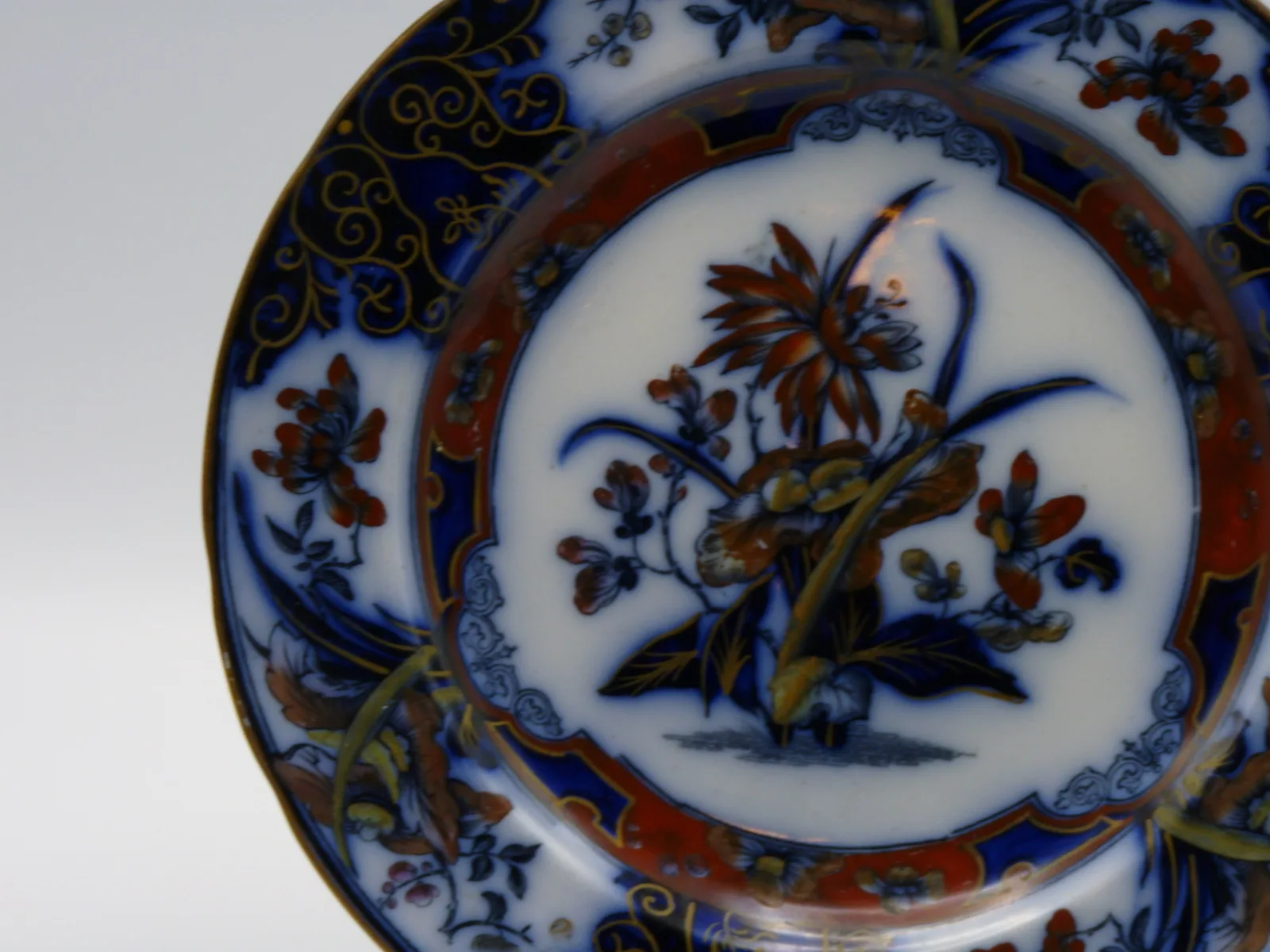 Flow Blue Polychrome "Iris" Plate (B41) - Image 4