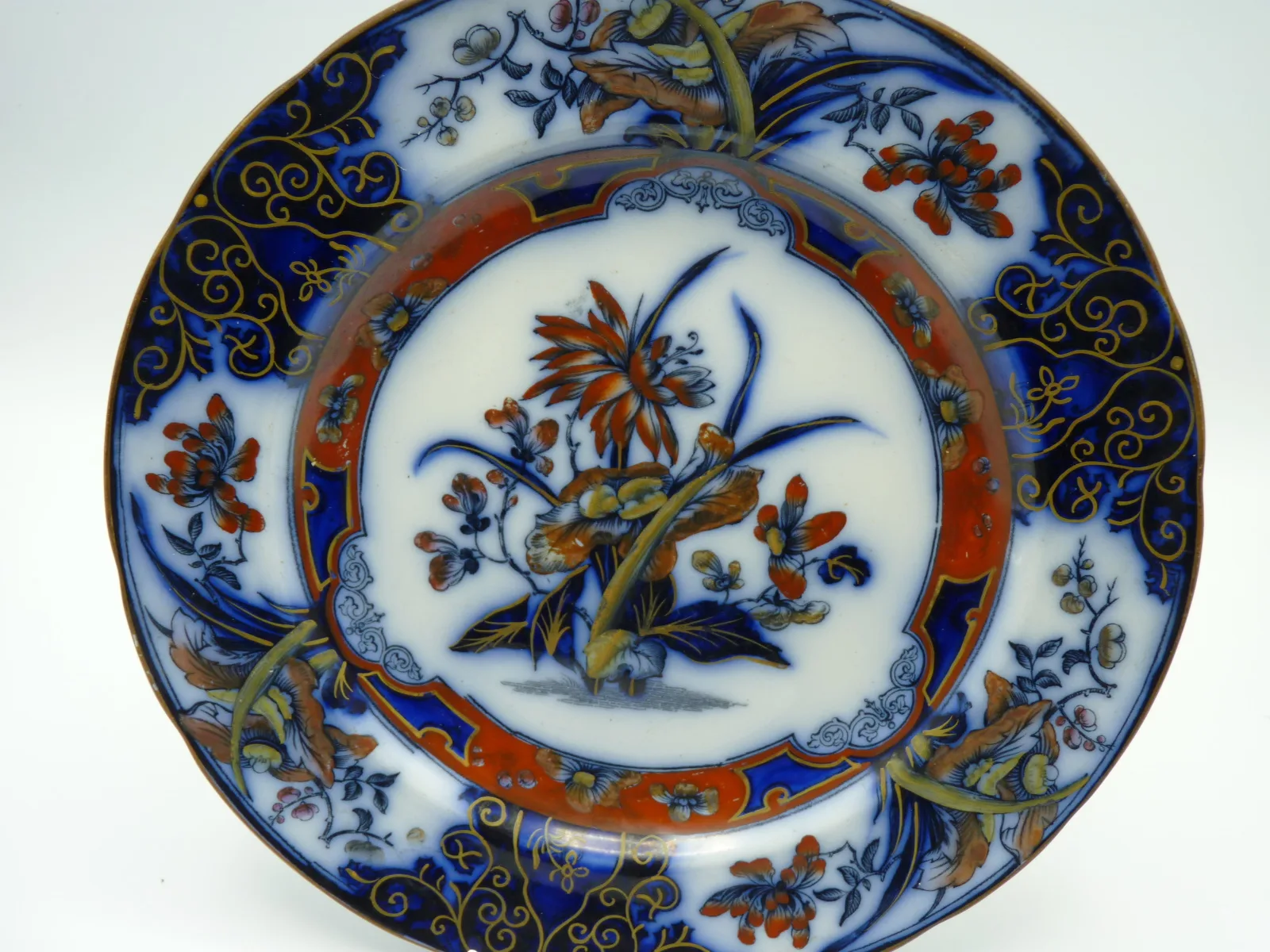 Flow Blue Polychrome "Iris" Plate (B41) - Image 5
