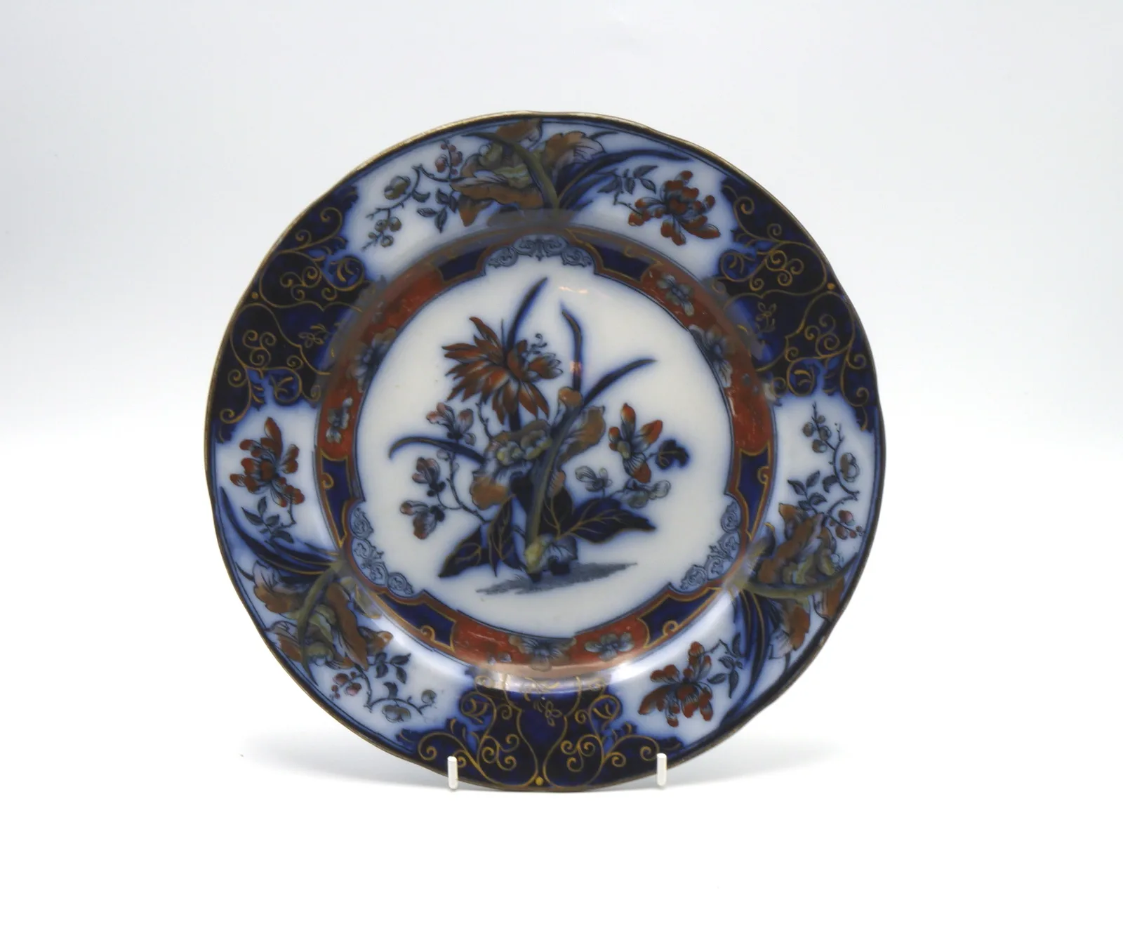 Flow Blue Polychrome “Iris” Plate (B42)