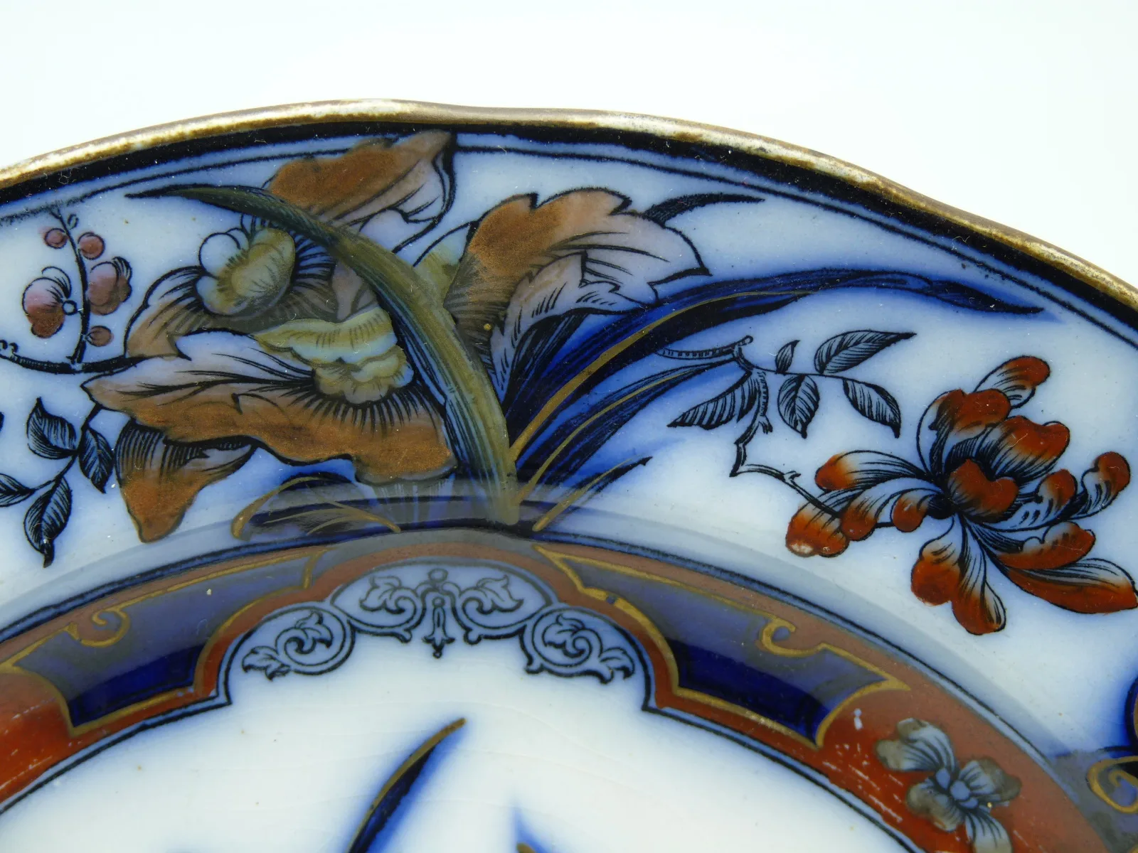 Flow Blue Polychrome “Iris” Plate (B42) - Image 5