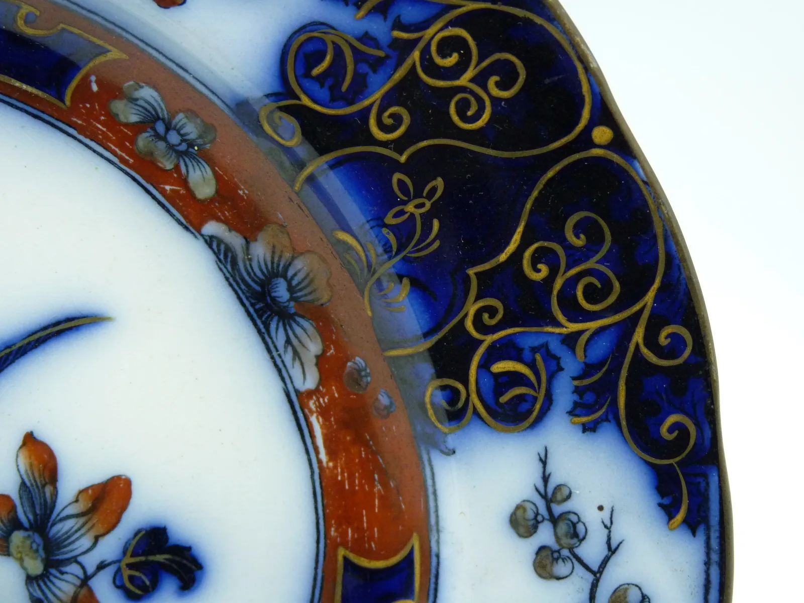 Flow Blue Polychrome “Iris” Plate (B42) - Image 6