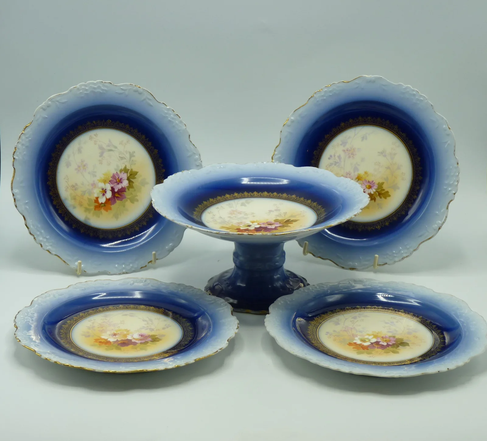 Flow Blue Limoges Compote & 4 Plates - Delicate Floral Designs
