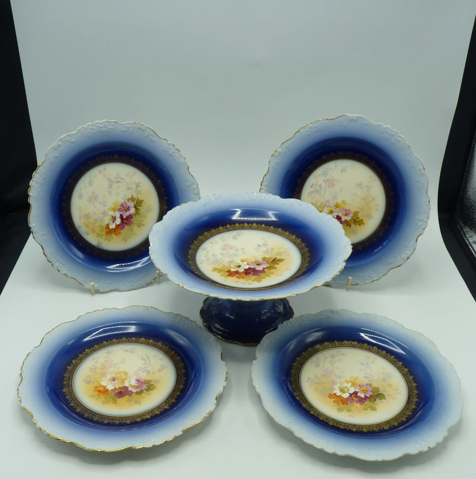 Flow Blue Limoges Compote & 4 Plates - Delicate Floral Designs - Image 4