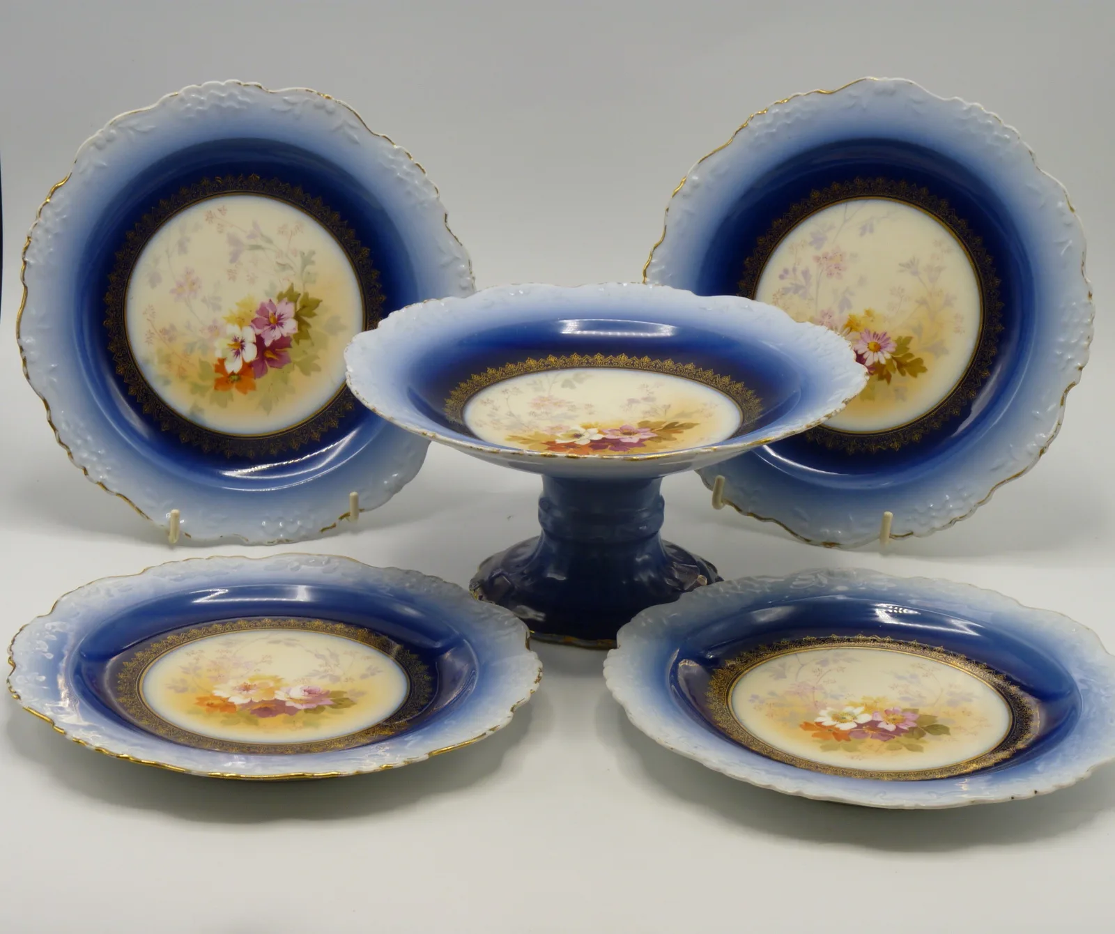 Flow Blue Limoges Compote & 4 Plates - Delicate Floral Designs - Image 5