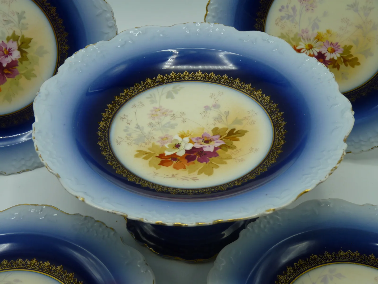 Flow Blue Limoges Compote & 4 Plates - Delicate Floral Designs - Image 9