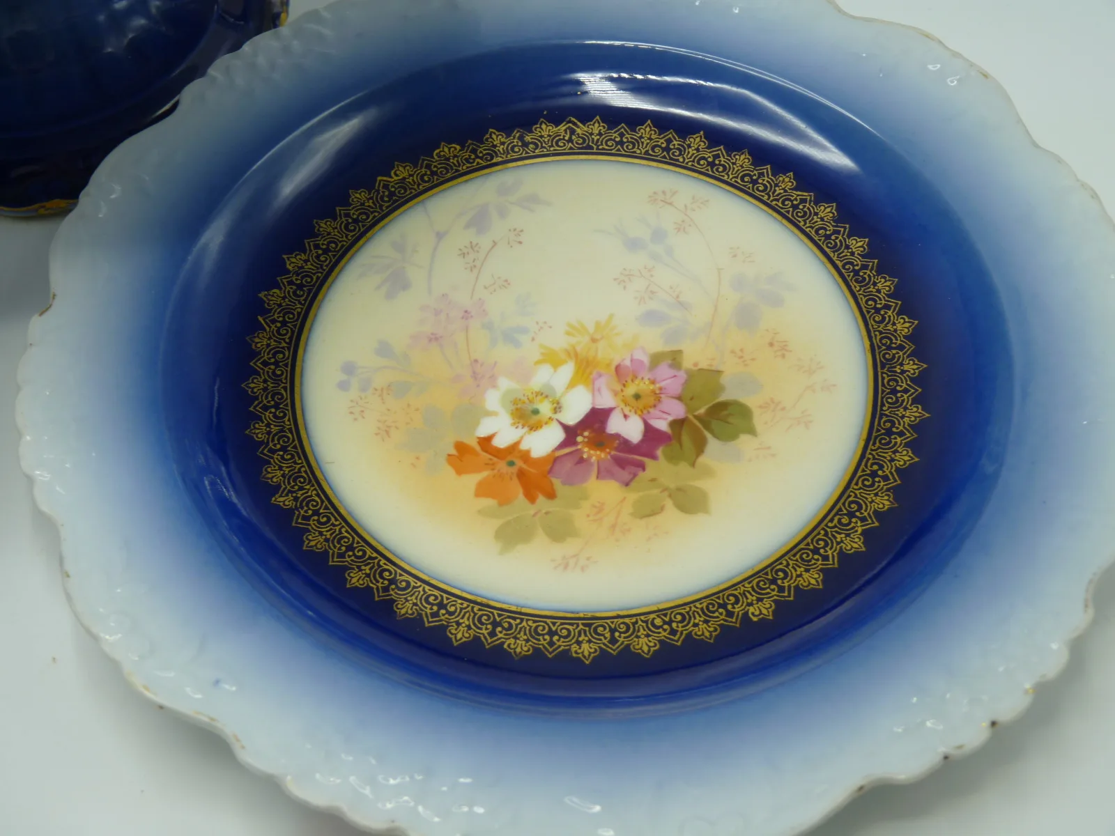 Flow Blue Limoges Compote & 4 Plates - Delicate Floral Designs - Image 11